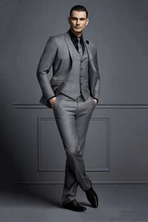 Mens 3 Piece Grey Suit Slim Fit Tuxedo Suit Formal Wedding Prom Suit Custom