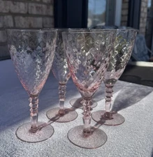 Vintage  - H.C. Fry Glass Co. (5) Water Goblets - Rose - Diamond Optic Rare Stem