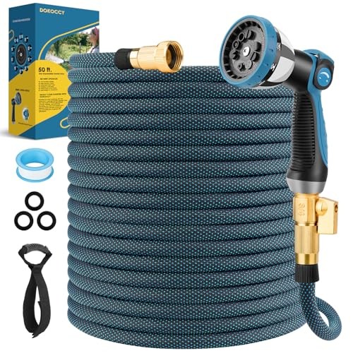 DOKOCCY GARDEN HOSE 50 FT KINK FREE WATER 10 SPRAY NOZZLE BRASS ALLOY - BLUE