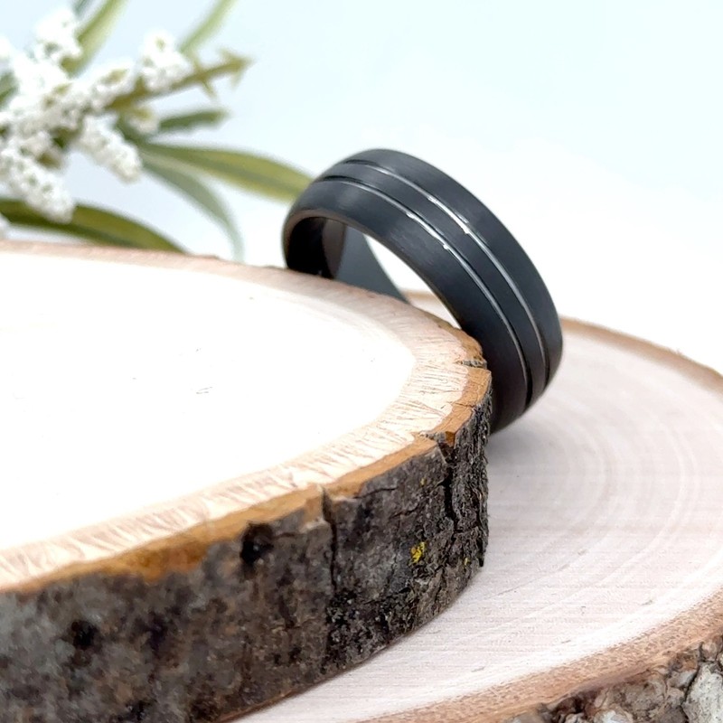 dual Silver Grooved Finish Christmas Ring Brush Black Tungsten Carbide 8mm Band