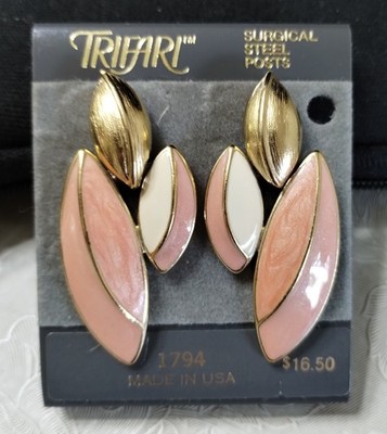 CROWN TRIFARI Pink & Cream Enamel Post Dangle Earrings   New