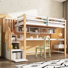 Kids Loft Bed 90x190cm w/ Storage Stairs & Large Desk, Pine Wood, Natural/White