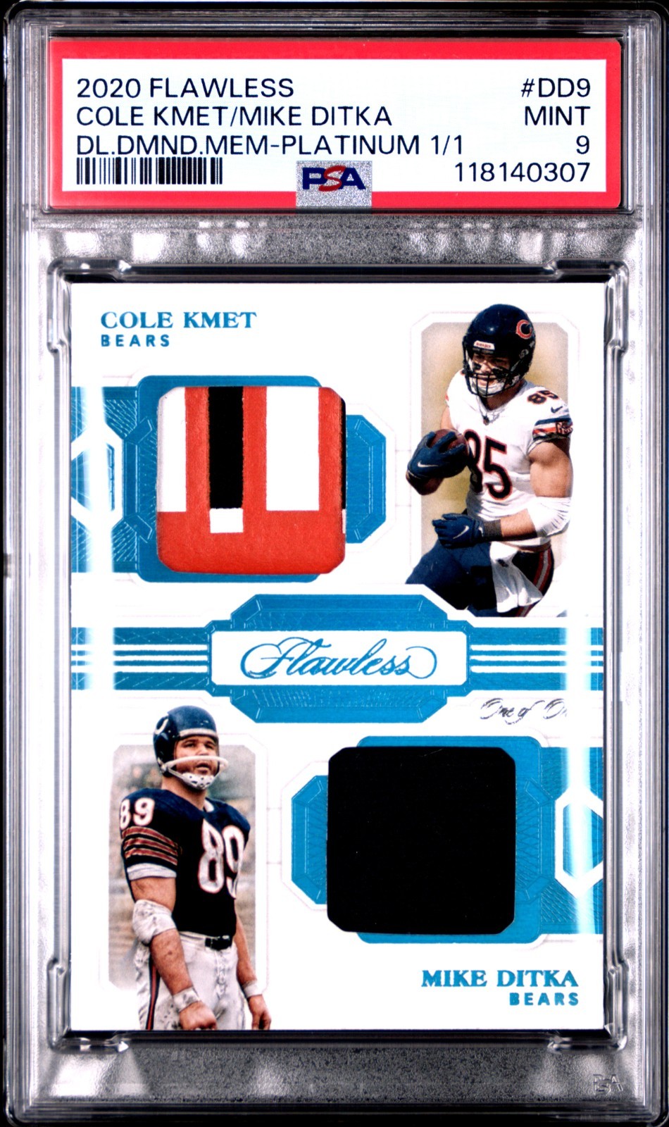 2020 Panini Flawless Cole Kmet / Mike Ditka #DD9 Dual Diamond Mem. Platinum 1/1 view 1