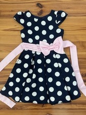 NWOT Rare Editions Navy Blue and White Polka Dot Dress with Pink Sash size 6