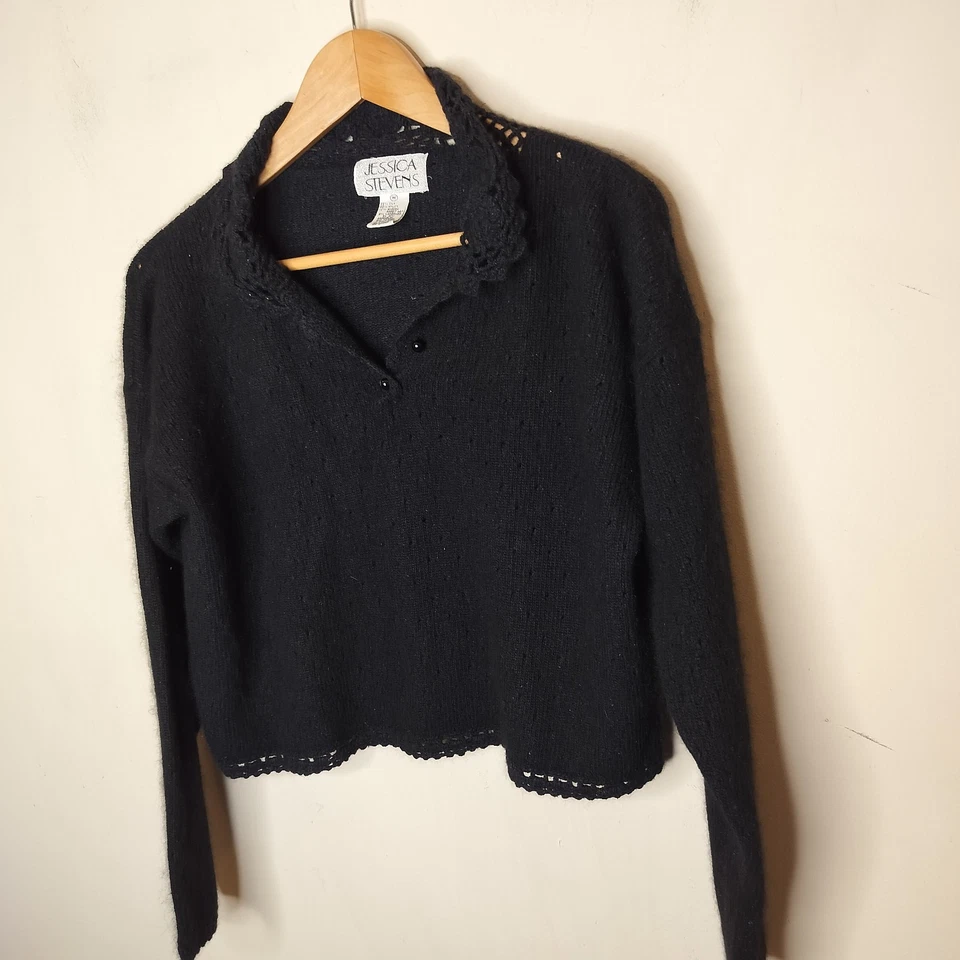 复古 Jessica Stevens 真丝安哥拉毛衣中号钩针装饰黑色柔软 — 第 2/4 张图片