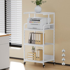 4-Tier White Printer Stand on Wheels with Storage Shelf - Versatile Printer Cart