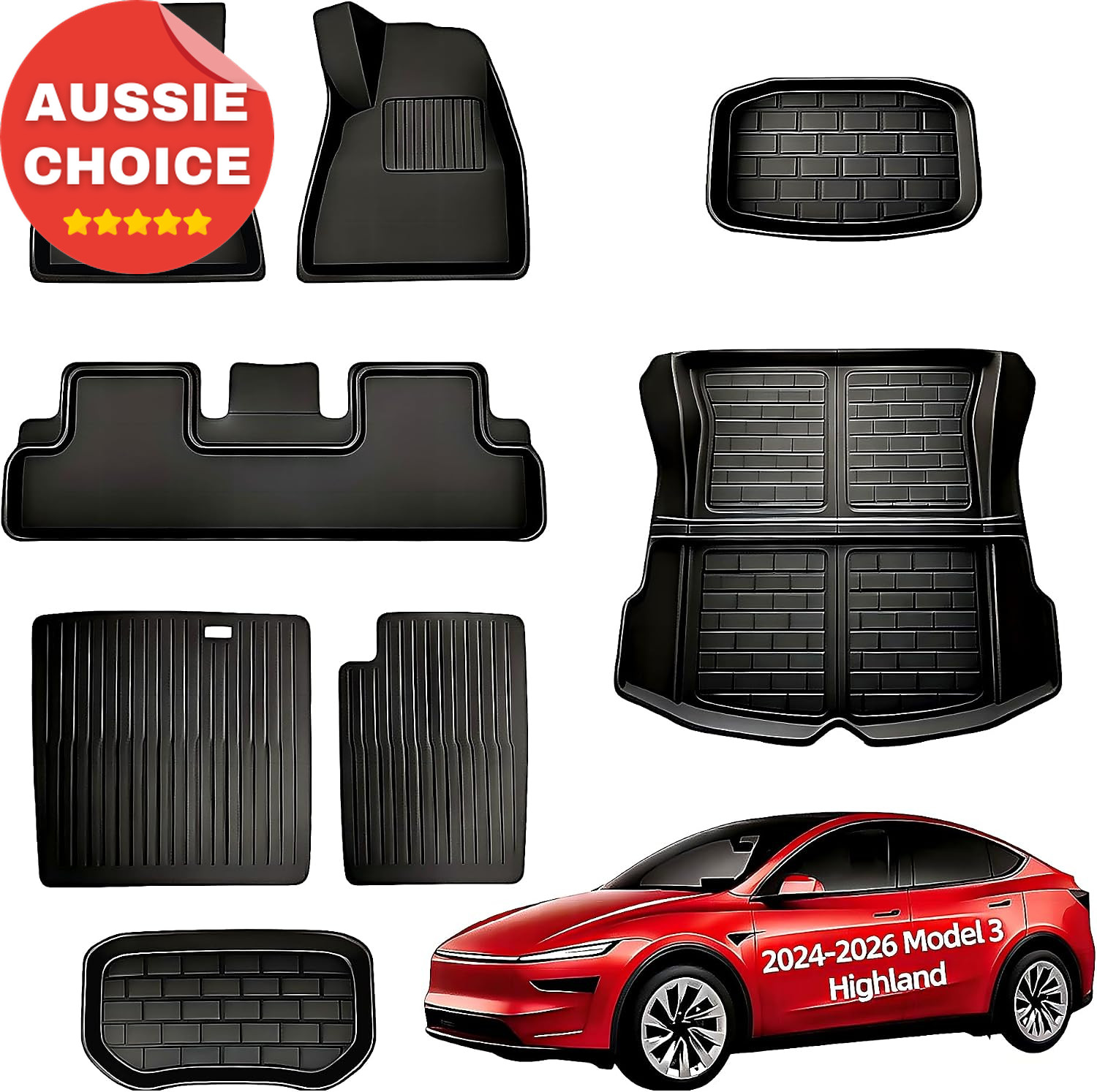 XPE All Weather Floor Mats 8pc Set for Tesla Model 3 2024-2026 Cargo Liners