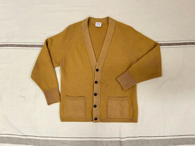 St Michael Vintage Strickjacke S 38'' 60er 70er senf gold Lederknöpfe Made UK