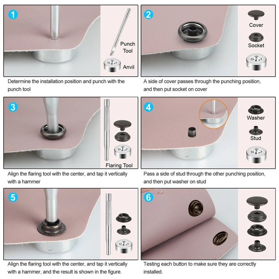 Para Artesanía de Cuero 70 Juegos 15mm 5/8" Kit de Sujetadores a Presión de Alta Resistencia Botón de Metal Foto 4 de 4
