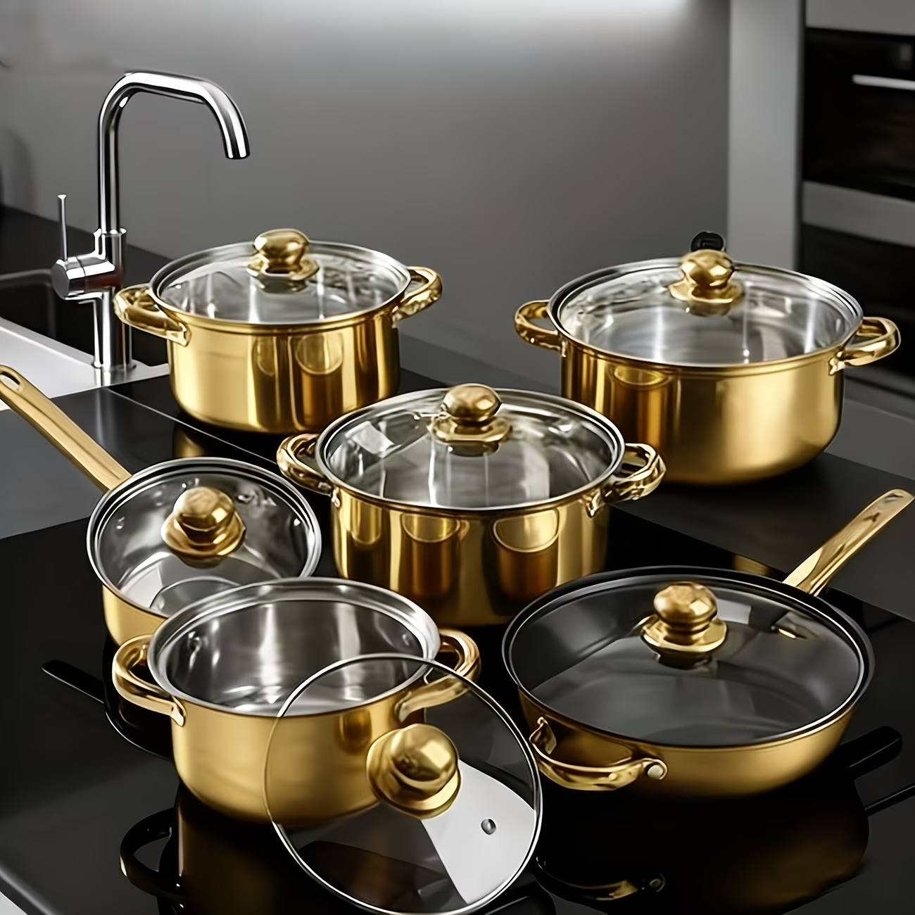 Stainless Steel Cookware Set Golden Handles Nonstick 12-12