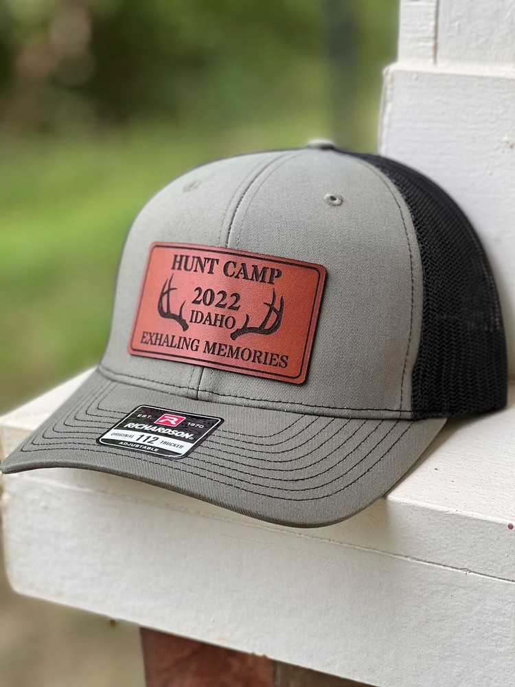 Custom Hunt Camp Leather Patch Hat for Hunting Trips and Clubs - Multi Sizes