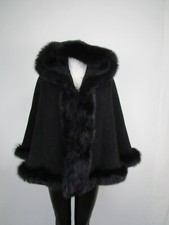 Women's New Black Cashmere Wool Wrap Cape Fox Fur Hood