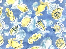 Blue Outdoor Porch Deck Upholstery Nautical Fabric Sealife Shells 1.5 Yard Lot