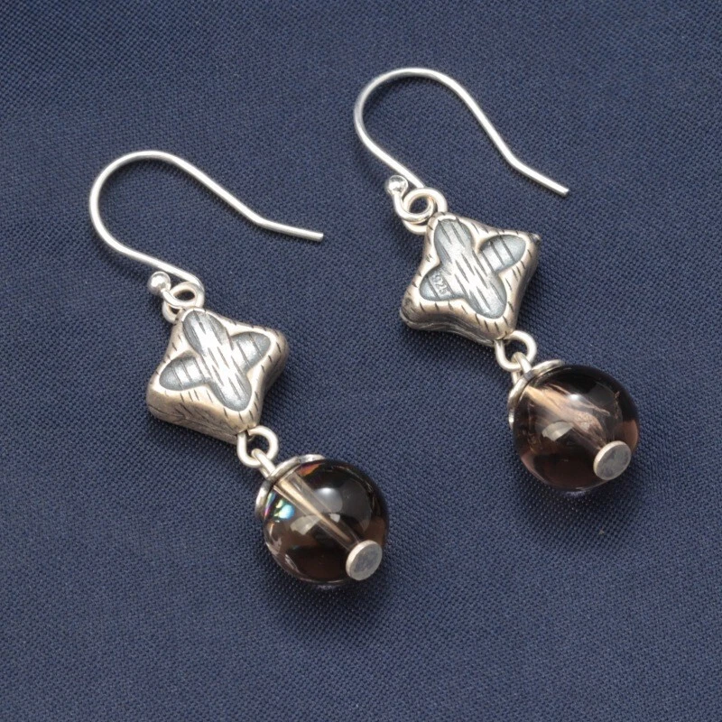 B35 Orecchini Stilizzato Fiore E Quarzo Affumicato 925 Argento Sterling - Immagine 2 di 2