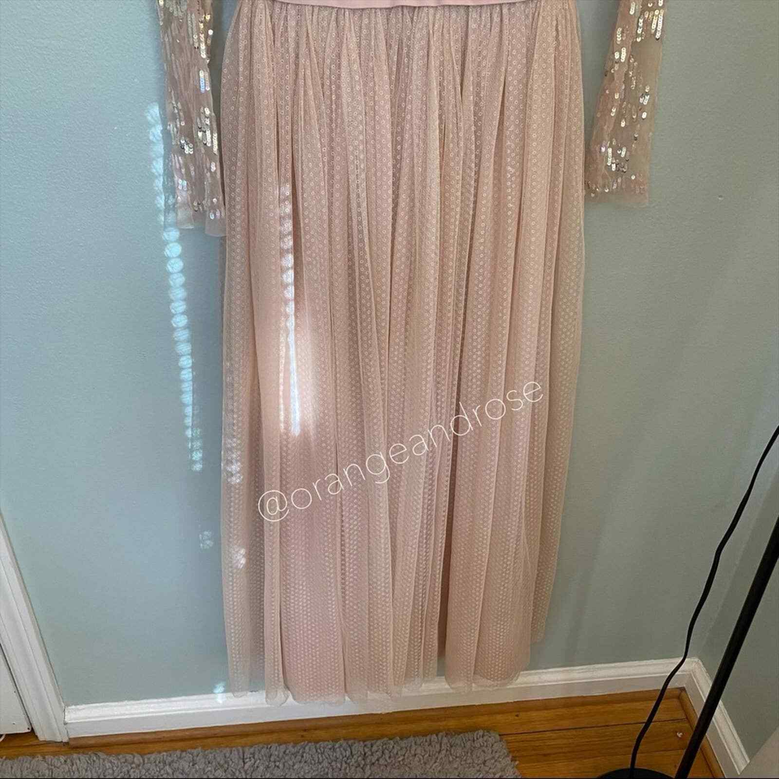 Needle & Thread Blush Pink Sequin Long Sleeve mesh Open Back Tulle Maxi Gown 6
