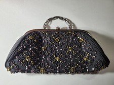 Vintage Beaded Evening Handbag Purse Kisslock Black Platinum Color chain Dressy