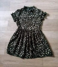 Boohoo Olive Green Abstract Print Flared Dress Frilled Neck Retro Skater UK10