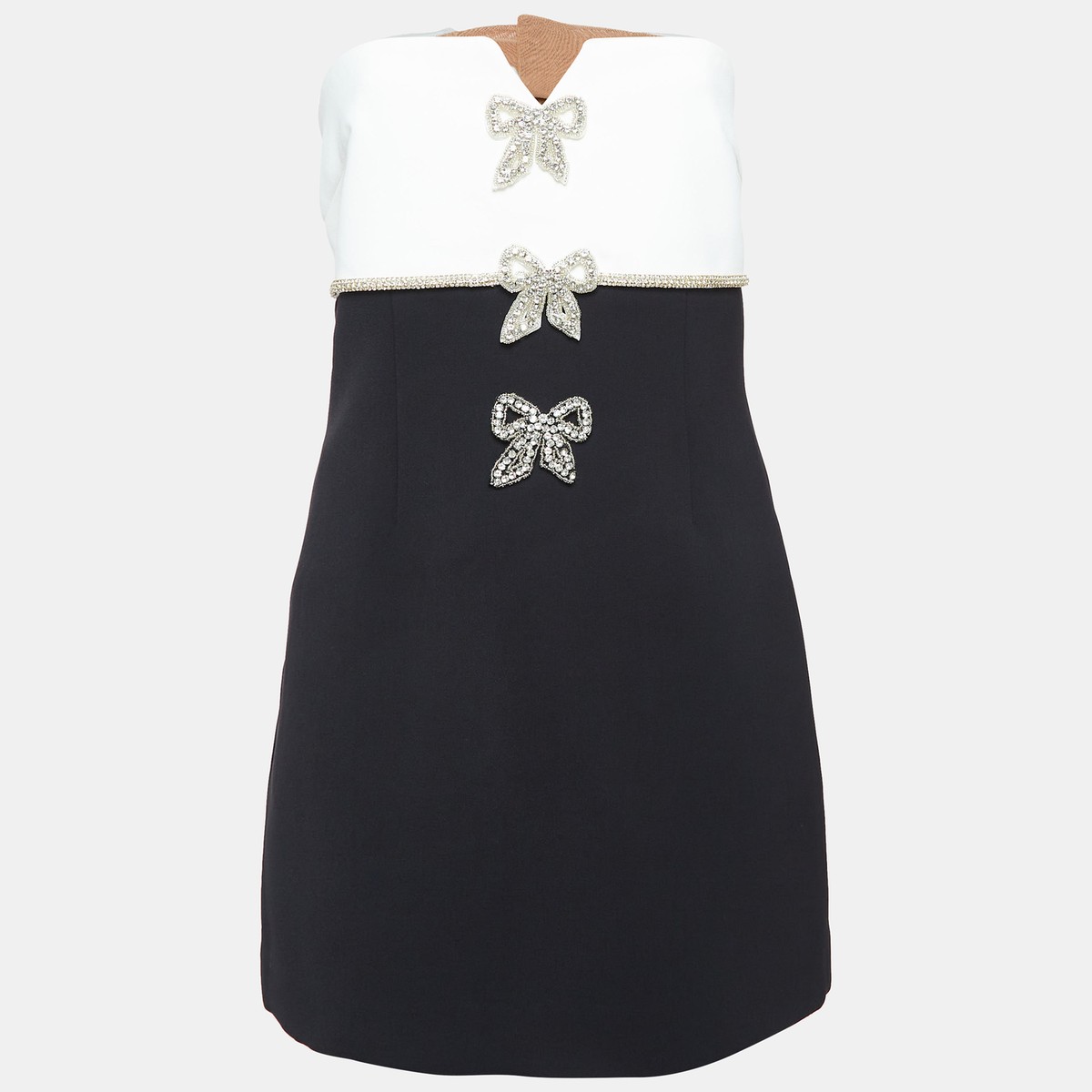 Self-Portrait Black/White Crepe Bow Detail Strapless Mini Dress M 