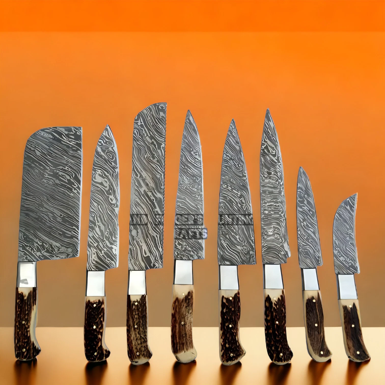 Handmade knife/ Damascus Chef knives set Stag/Antler horn handles/BBQ knives set