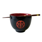 Ceramic Japanese Black & Red Double Happiness Soba Bowl & Chopstick Set