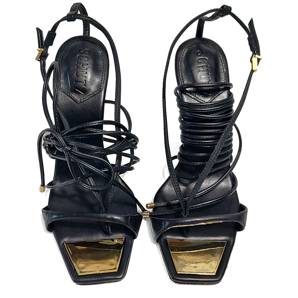 SCHUTZ Vikki T-Strap Lace Up Black Leather Heeled Sandal SCHUTZ Vikki T-Strap Lace Up Black Leather Heeled Sandal