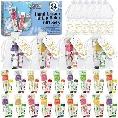 AZEN 24 Sets Bulk Gifts, Hand Cream and Lip Balm Bulk Set with Organza Bag Thank