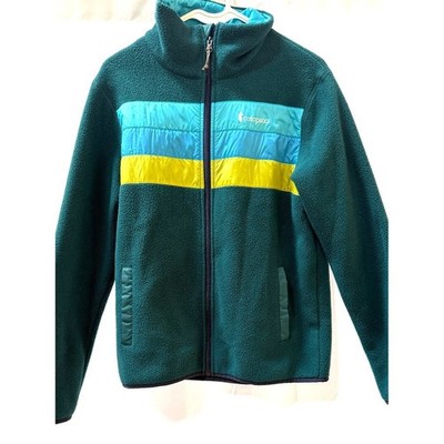 Cotopaxi Peacock Green Fleece Jacket with Aqua, Blue, Yellow Stripes, Size M