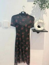 Black Mesh Rose Print Midi Dress Soft Goth Whimsigoth Y2K Style M #DREA-0014