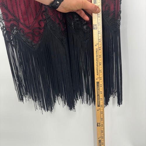 Womens Flapper Dress Burgundy Black Beaded Fringe V Neck Short Sleeve Gatsby - Picture 22 of 23