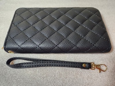 Ladies Long Quilted Black Faux Leather Wallet Gold Accents