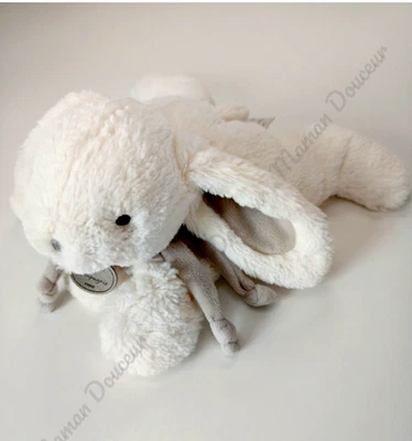 Peluche/Doudou Et Compagnie Lapin Blanc Gris/Beige Couché Bonbon Nœud Grand 30cm - Photo 1/4