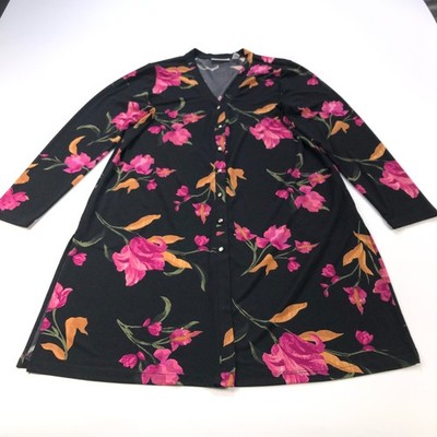 Susan Graver Large Button Shirt Dress V-Neck LS Floral All Over Print Black
