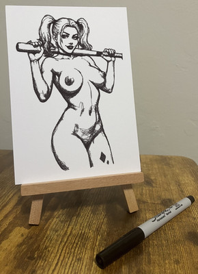 Harley Quinn Figure Study, Bold Ink Line Drawing 5x7