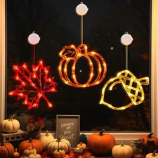 Fall Decor Window Lights 2025 Thanksgiving Decorations Acorn Maple Leaves Pumpki