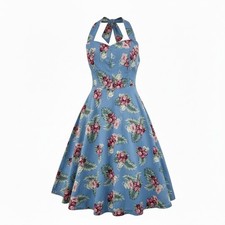 Revival Blue Floral Halter Neck Midi Dress AU 14 Cotton Summer Holiday EUC