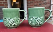 Set of 2 Bordallo Pinheiro Grape Green Mugs -Embossed Grape Vine Leaves Portugal