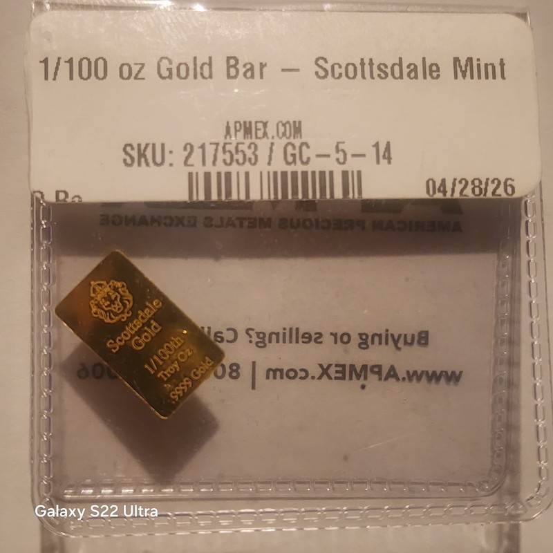 Scottsdale Mint Gold Bar 1/100 oz Total Gold Content Bar Shape Bullion