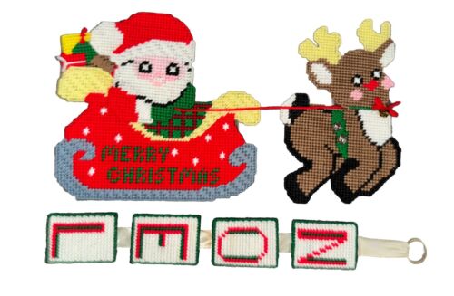 Vintage Handmade Plastic Canvas Yarn Art Santa Reindeer Christmas Decor