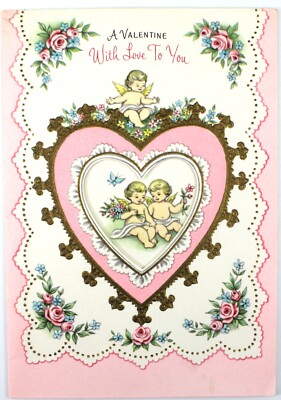 VINTAGE VALENTINE CARD Pink Heart w/Gold Accents & Cupids. Pink Roses. Gibson