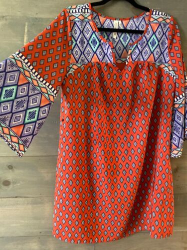 Pink Owl Womens Tunic Dress size M orange teal blue print lined 3/4 sleeves - Picture 1 of 8