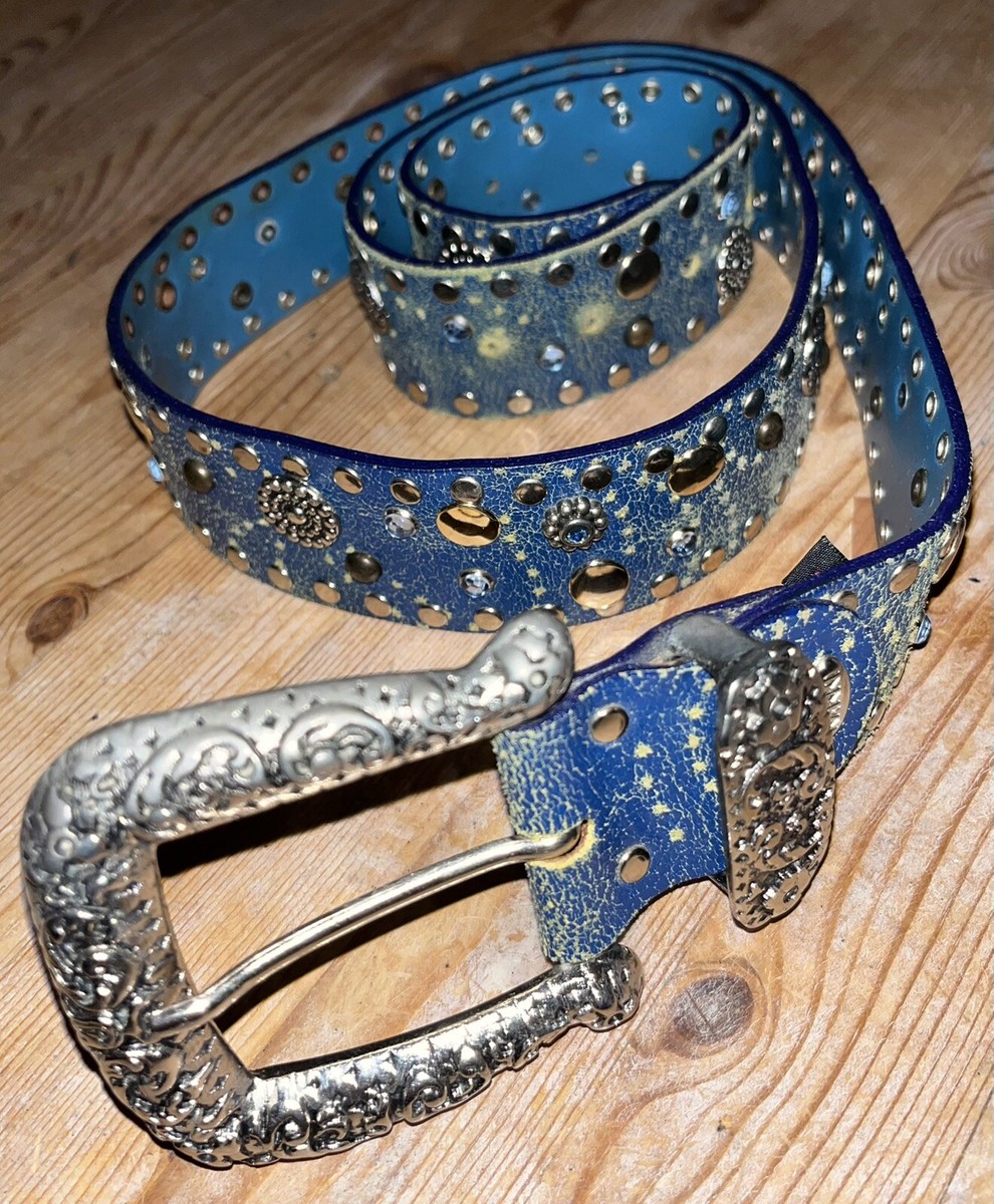 Nanni Designer Studded Floral Leather Belt, Blue, Large  display picture 2