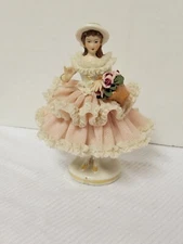 Vintage German Dresden Lace & Porcelain Figurine Karl Klette 4.75" Pink & White