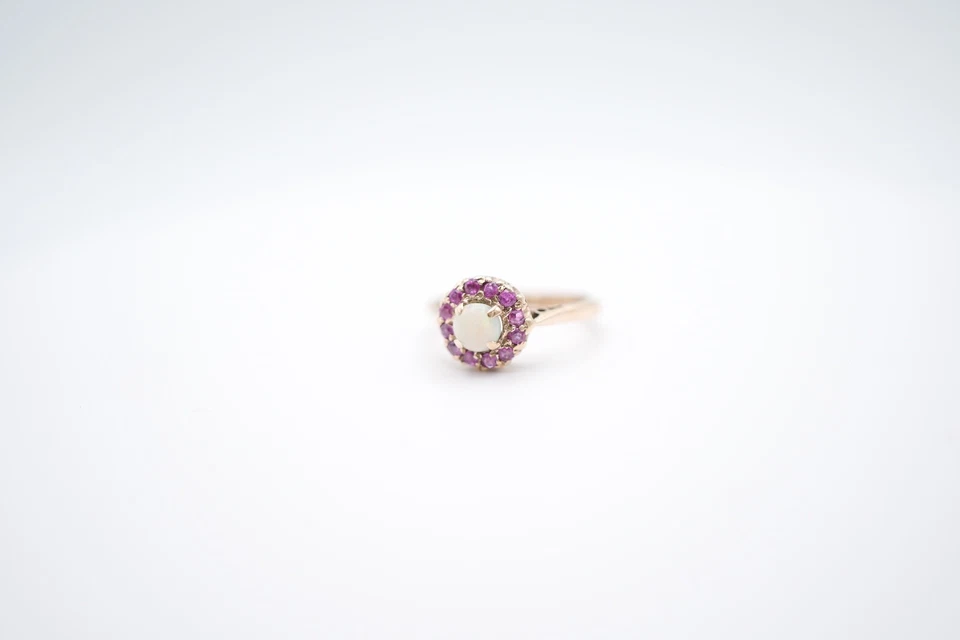 9K Yellow Gold Round Opal and Ruby Halo Four Prong Set Ring - Image 2 of 4