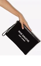 SAINT LAURENT Rive Gauche Linen Canvas Wristlet Pouch in Black