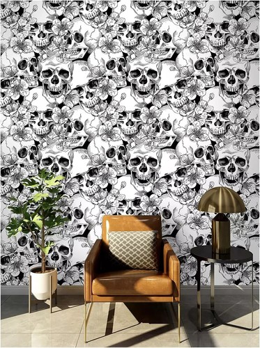 HAOKHOME 93102 Halloween Peel and Stick Wallpaper Sugar Skull Floral for Bedroom - Picture 7 of 8