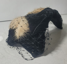 Vintage 1950's Black Velvet Pillbox Hat with Lace and what appears to be Mink