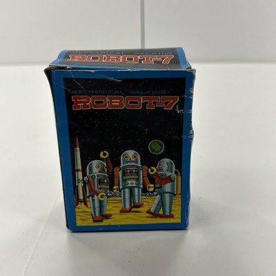 Robot-7 Mechanical Tin Litho Wind-up Walking Robot Mint in box Space dome top