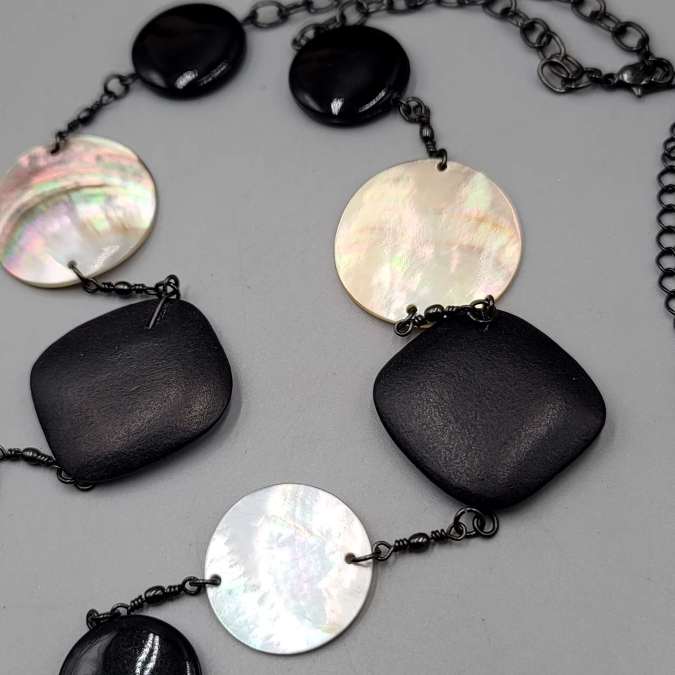 Cookie Lee Black Wood Shell Station Necklace Statement Long 30"+ - Image 4 of 4