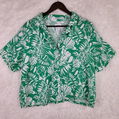 Nicole Miller Linen Tropical Green Top Sz M Beach European Flax Camp Resort Boxy