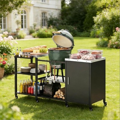 Heavy Duty Grill Prep Table Cart w/Storage Shelf & 8 Casters, Black Unbranded